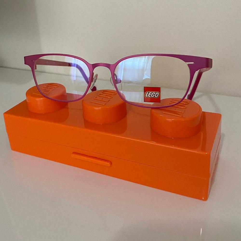 Lego glasses with case, dark pink exterior with light pink interior